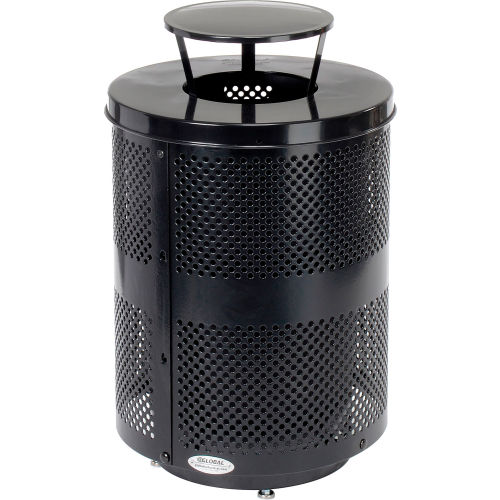 Global™ Deluxe Thermoplastic Coated 32 Gallon Perforated Receptacle w/Rain Bonnet Lid & Base-BK