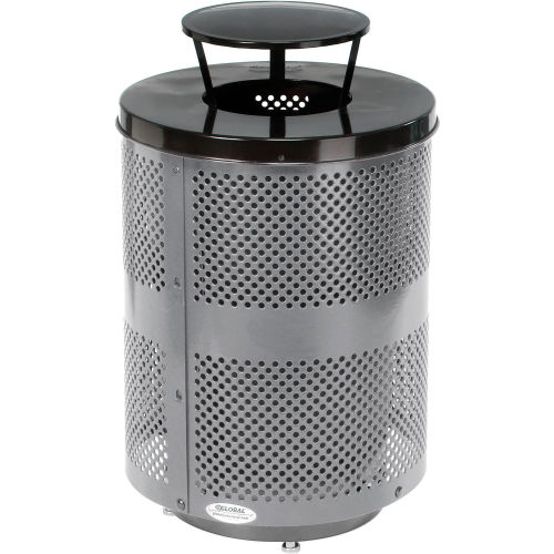 Global Industrial Deluxe Thermoplastic 32 Gal Perforated Receptacle w/Rain Bonnet, Base -Gray