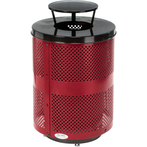 Global Industrial Deluxe Thermoplastic 32 Gallon Perf. Receptacle w/Rain Bonnet & Base - Red