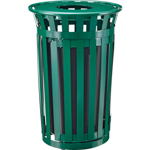Global™ Outdoor Metal Slatted Receptacle w/Access Door & Flat Lid - 36 Gallon Green