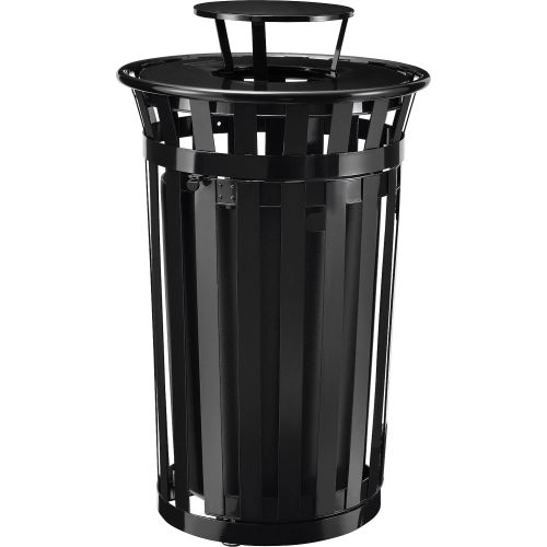 Global™ Outdoor Metal Slatted Receptacle w/Access Door & Rain Bonnet Lid - 36 Gallon Black