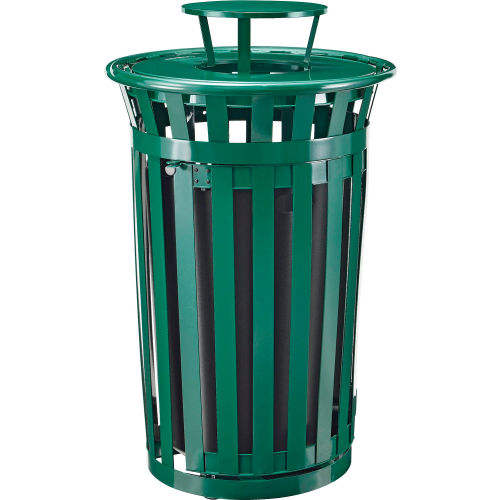 Global™ Outdoor Metal Slatted Receptacle w/Access Door & Rain Bonnet Lid - 36 Gallon Green