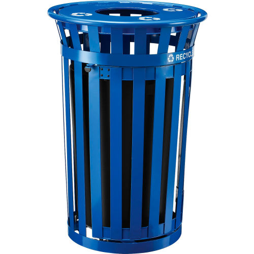 Global™ Outdoor Steel Recycling Receptacle w/Access Door & Flat Lid - 36 Gallon Blue