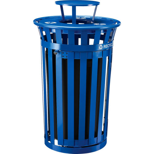 Global™ Outdoor Steel Recycling Receptacle w/Access Door & Rain Bonnet Lid - 36 Gallon Blue