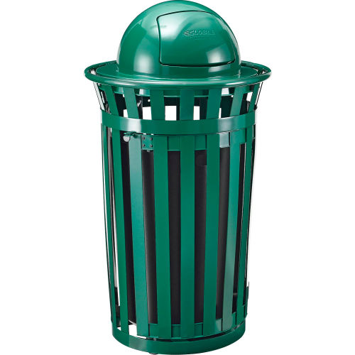 Global™ Outdoor Metal Slatted Receptacle w/Access Door & Dome Lid - 36 Gallon Green