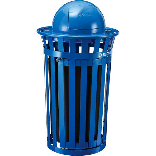 Global™ Outdoor Steel Recycling Receptacle w/Access Door & Dome Lid - 36 Gallon Blue