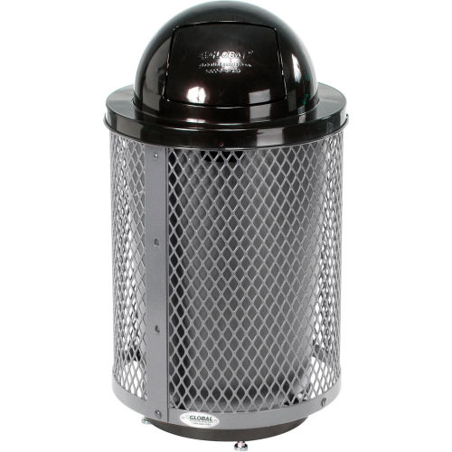 Global Industrial Deluxe Thermoplastic 32 Gallon Mesh Receptacle w/Dome Lid & Base - Gray