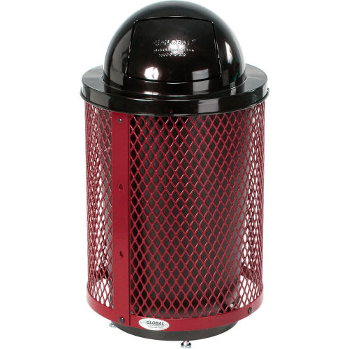 Global Industrial Deluxe Thermoplastic 32 Gallon Mesh Receptacle w/Dome Lid & Base - Red
