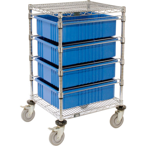 21X24X45 Chrome Wire Cart With 4 6"H Grid Containers Blue