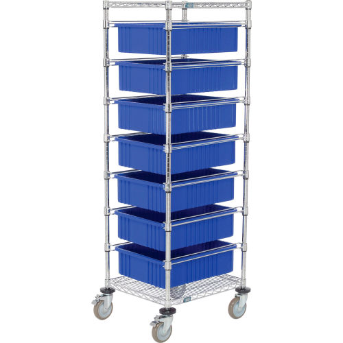 21X24X69 Chrome Wire Cart With 7 6inH Grid Containers Blue