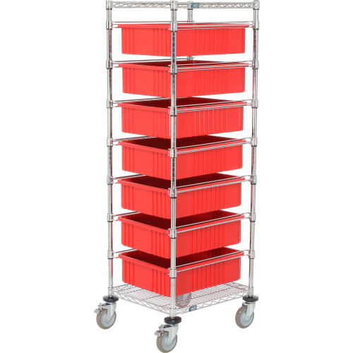 Chrome Wire Cart 21 x 24 x 69 with 7 6inH Grid Containers Red