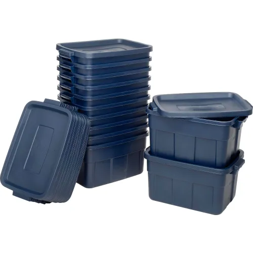 Rubbermaid Roughneck 72 quart Rugged Storage Tote in Dark Indigo Metallic  with Lid and Handles for Home, Basement, Garage, (6 Pack)