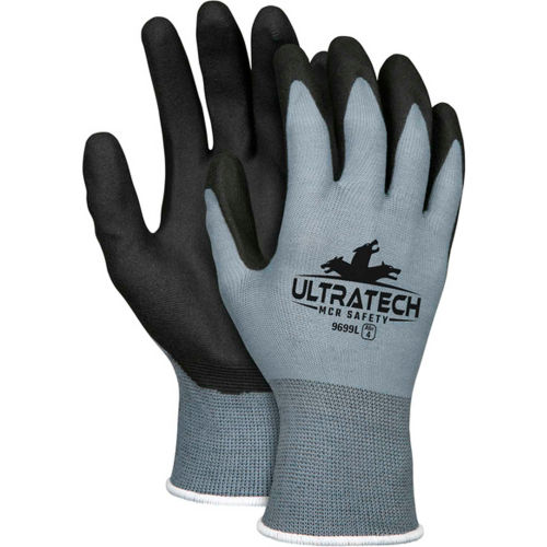 MCR Safety UltraTech® Work Gloves 15 Gauge Gray Nylon Shell Black HPT Palm and Fingertips, XXL