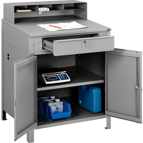 Shop Desk w Lower Cabinet and Pigeonhole Compartments 34-1/2inW x 30inD x 51-1/2inH - Gray