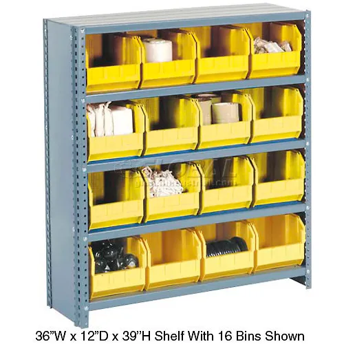 Global Industrial 7 Shelf Steel Shelving with (36) 4 H Plastic Shelf Bins,  Yellow, 36x12x39