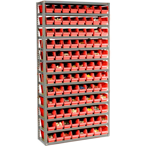 Global Industrial&#153; Steel Shelving With 144 4&quot;H Plastic Shelf Bins Red, 36x12x72-13 Shelves