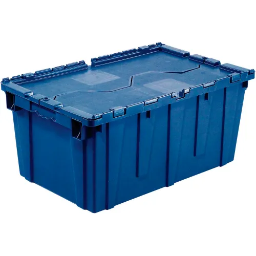 Idl Packaging 10-Gallon Industrial Plastic Tote with Hinged Lids, Blue, Pack of 1 - Heavy-Duty Large 22 L x 15 W x 9 H Container for Warehouses