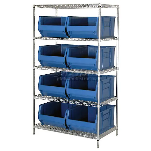 Quantum WR5955 Chrome Wire Shelving With 8 24"D Bins Blue, 42x24x74