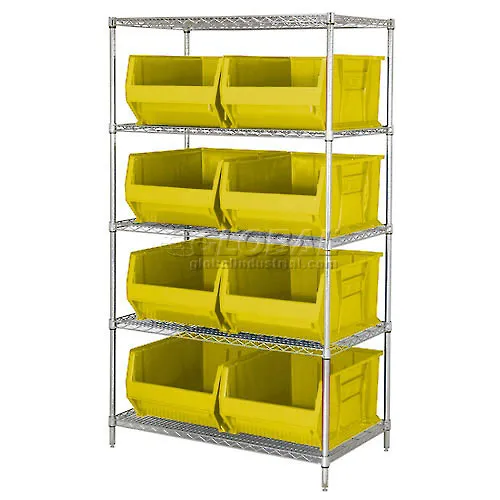 Quantum WR5955 Chrome Wire Shelving With 8 24"D Bins Yellow, 42x24x74