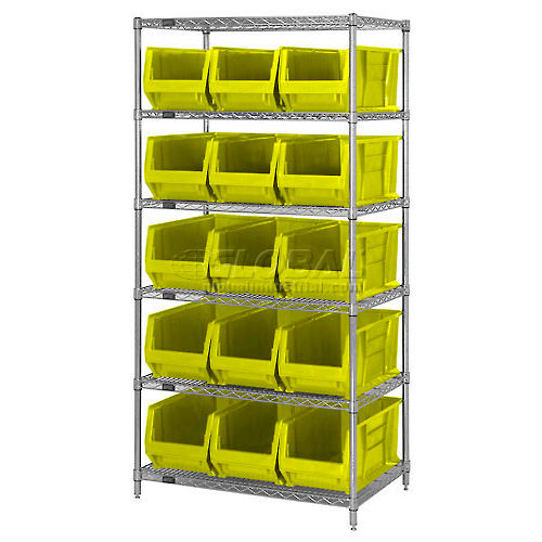 Quantum WR6954 Chrome Wire Shelving With 10 24"D Bins Yellow, 36x24x74