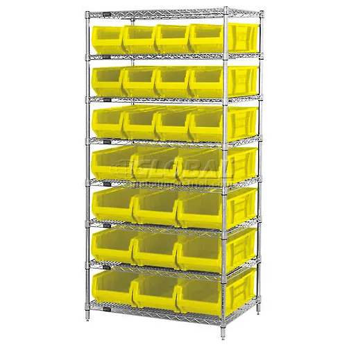 Quantum WR8950952 Chrome Wire Shelving With 24 24"D Bins Yellow, 36x24x74