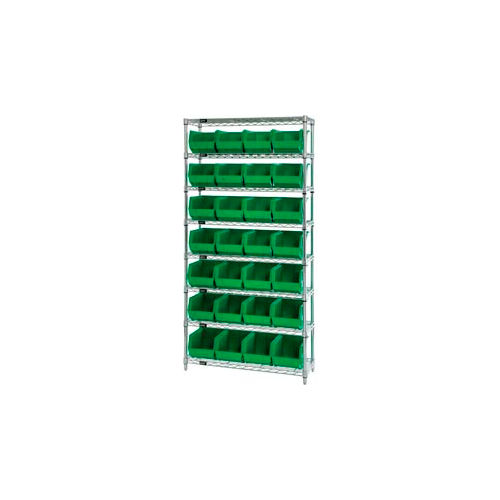 Global Industrial&#153; Chrome Wire Shelving With 28 Giant Plastic Stacking Bins Green, 36x14x74