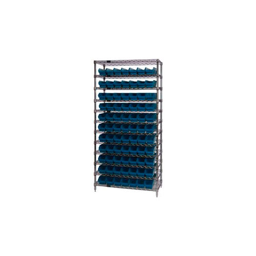 Global Industrial&#153; Chrome Wire Shelving with 77 4&quot;H Plastic Shelf Bins Blue, 36x14x74