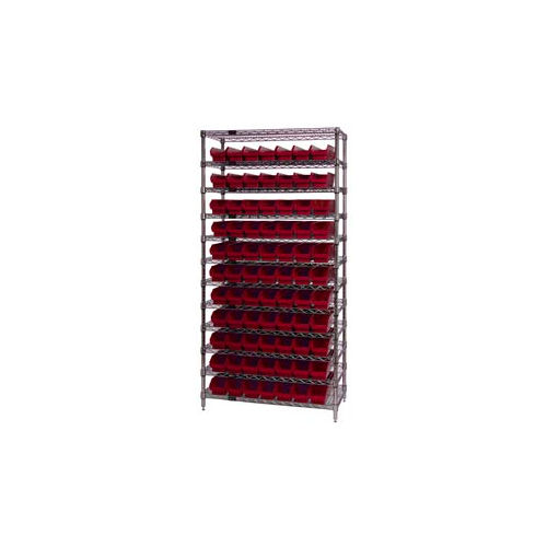 Global Industrial&#153; Chrome Wire Shelving with 77 4&quot;H Plastic Shelf Bins Red, 36x14x74