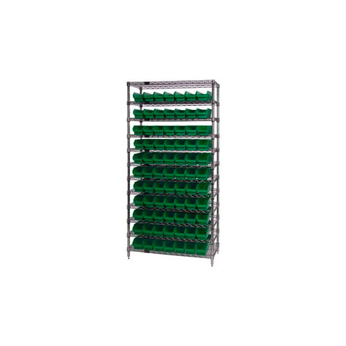 Global Industrial™ Chrome Wire Shelving with 77 4"H Plastic Shelf Bins Green, 36x14x74