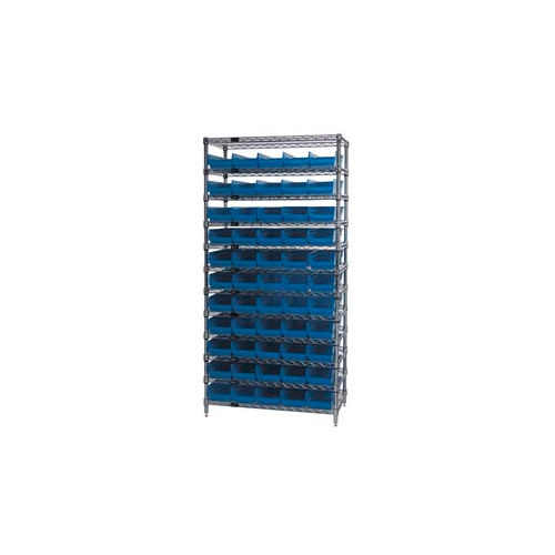 Global Industrial&#153; Chrome Wire Shelving with 55 4&quot;H Plastic Shelf Bins Blue, 36x14x74
