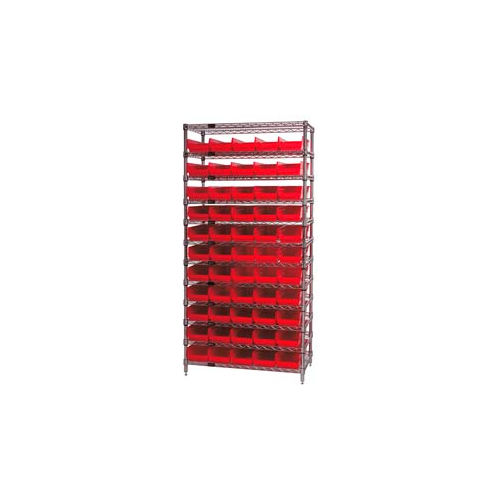 Global Industrial&#153; Chrome Wire Shelving with 55 4&quot;H Plastic Shelf Bins Red, 36x14x74