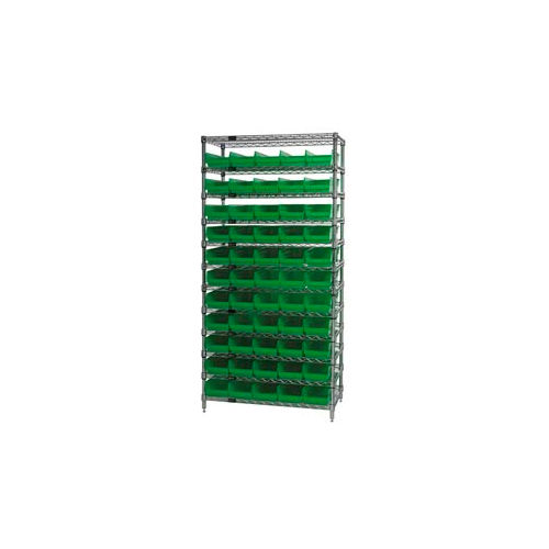 Global Industrial&#153; Chrome Wire Shelving with 55 4&quot;H Plastic Shelf Bins Green, 36x14x74