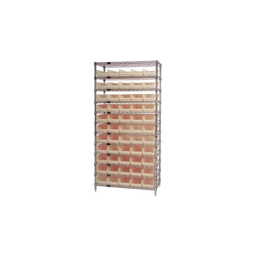 Global Industrial&#153; Chrome Wire Shelving with 55 4&quot;H Plastic Shelf Bins Stone, 36x14x74