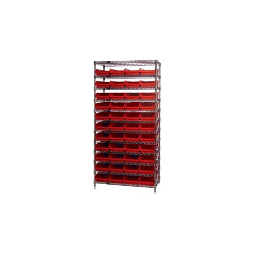 Global Industrial™ Chrome Wire Shelving with 44 4"H Plastic Shelf Bins Red, 36x14x74