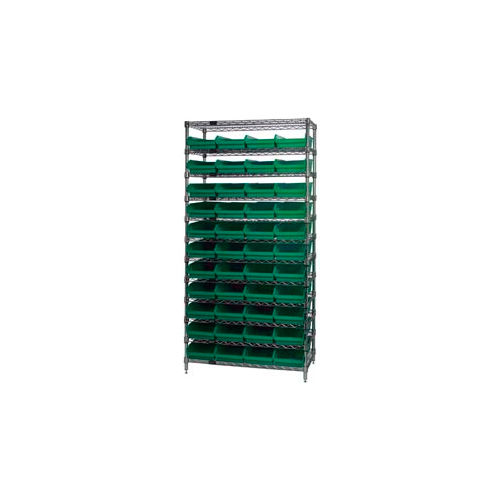 Global Industrial&#153; Chrome Wire Shelving with 44 4&quot;H Plastic Shelf Bins Green, 36x14x74