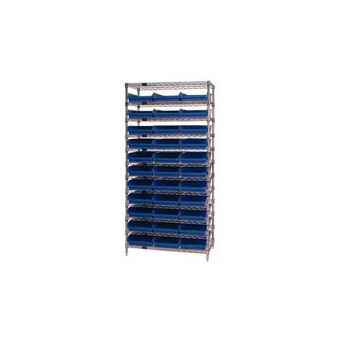Global Industrial&#153; Chrome Wire Shelving with 33 4&quot;H Plastic Shelf Bins Blue, 36x14x74