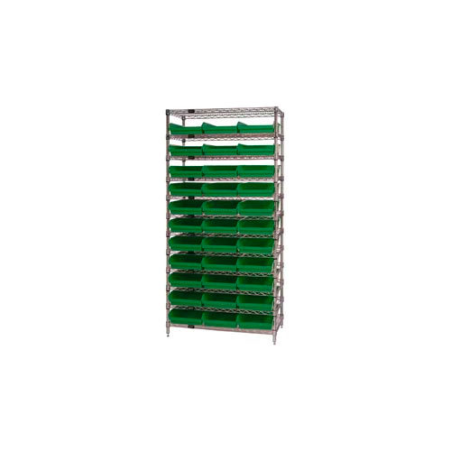 Global Industrial&#153; Chrome Wire Shelving with 33 4&quot;H Plastic Shelf Bins Green, 36x14x74