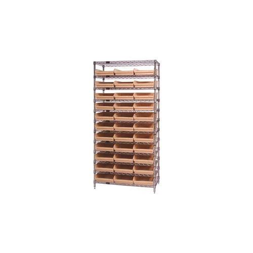 Global Industrial&#153; Chrome Wire Shelving with 33 4&quot;H Plastic Shelf Bins Stone, 36x14x74