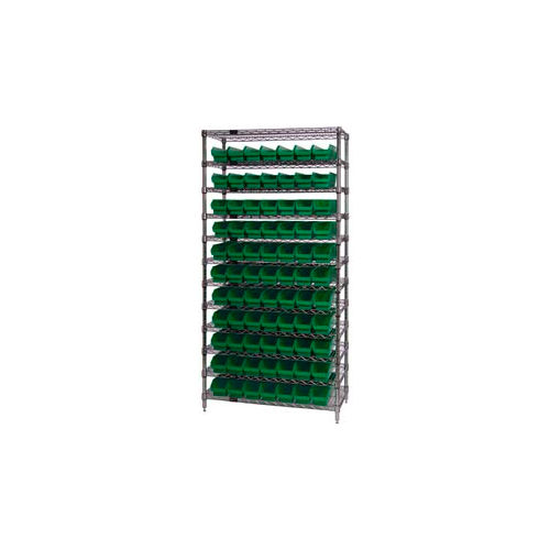 Global Industrial&#153; Chrome Wire Shelving with 77 4&quot;H Plastic Shelf Bins Green, 36x18x74