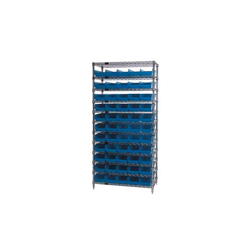 Global Industrial™ Chrome Wire Shelving with 55 4"H Plastic Shelf Bins Blue, 36x18x74