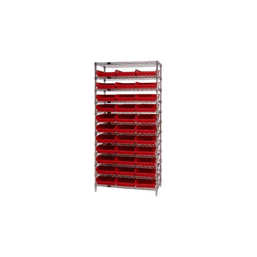 Global Industrial&#153; Chrome Wire Shelving with 33 4&quot;H Plastic Shelf Bins Red, 36x18x74