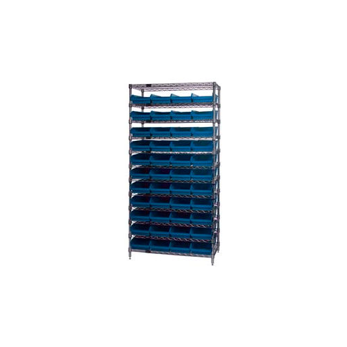 Global Industrial&#153; Chrome Wire Shelving with 44 4&quot;H Plastic Shelf Bins Blue, 36x24x74