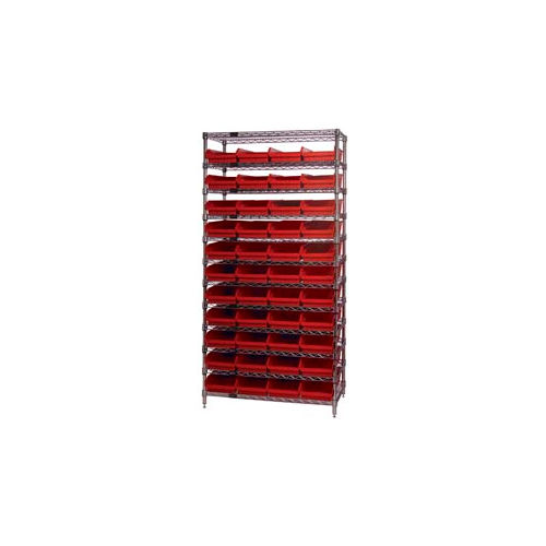 Global Industrial&#153; Chrome Wire Shelving with 44 4&quot;H Plastic Shelf Bins Red, 36x24x74