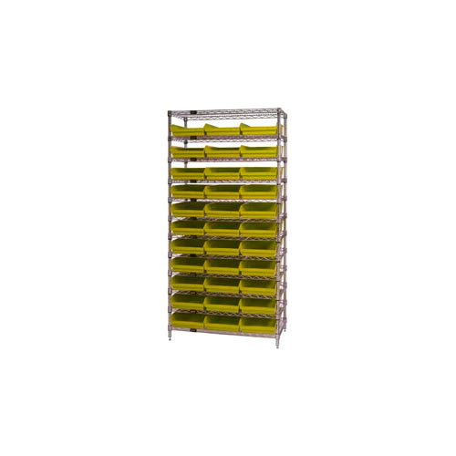 Global Industrial™ Chrome Wire Shelving with 33 4"H Plastic Shelf Bins Yellow, 36x24x74