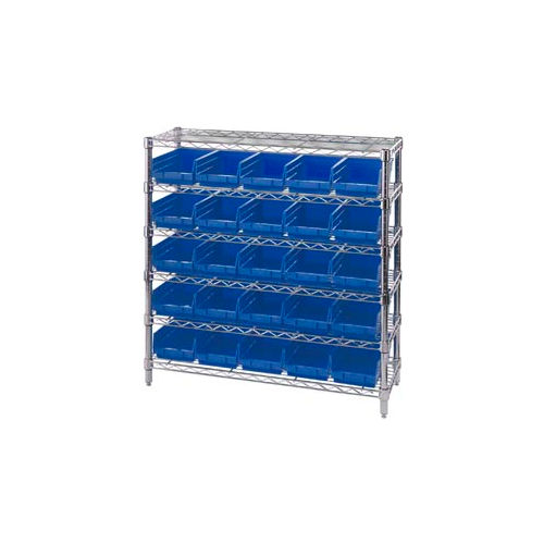 Global Industrial™ Chrome Wire Shelving with 25 4"H Plastic Shelf Bins Blue, 36x14x36
