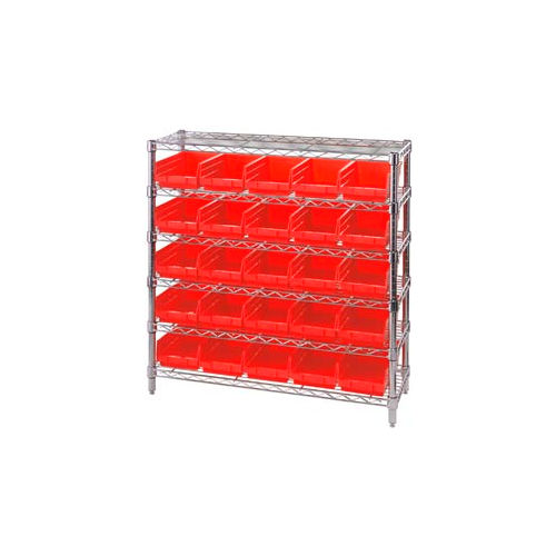 Global Industrial&#153; Chrome Wire Shelving with 25 4&quot;H Plastic Shelf Bins Red, 36x14x36