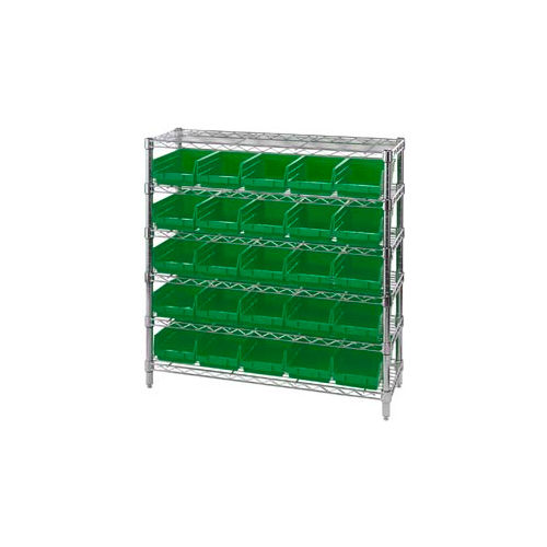 Global Industrial&#153; Chrome Wire Shelving with 25 4&quot;H Plastic Shelf Bins Green, 36x14x36