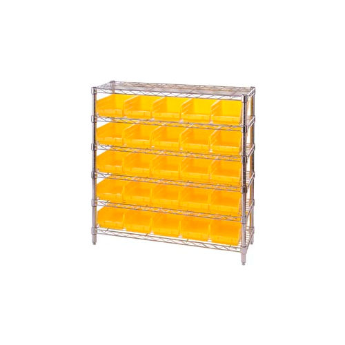 Global Industrial&#153; Chrome Wire Shelving with 25 4&quot;H Plastic Shelf Bins Yellow, 36x14x36
