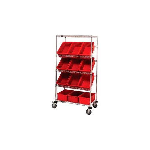 Global Industrial&#153; Easy Access Slant Shelf Chrome Wire Cart 12 8&quot;H Grid Containers Red 36x18x63