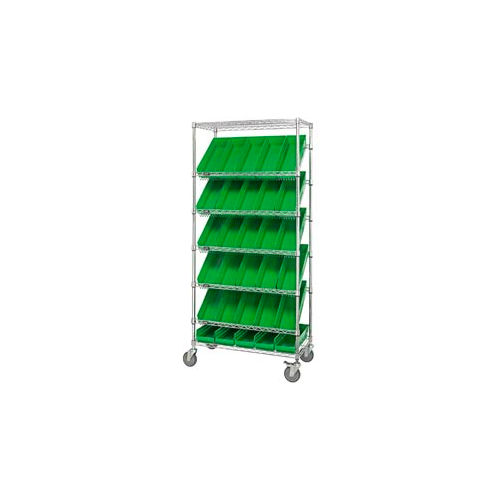 Global Industrial™ Easy Access Slant Shelf Chrome Wire Cart 30 4"H Shelf Bins Green 36Lx18Wx74H